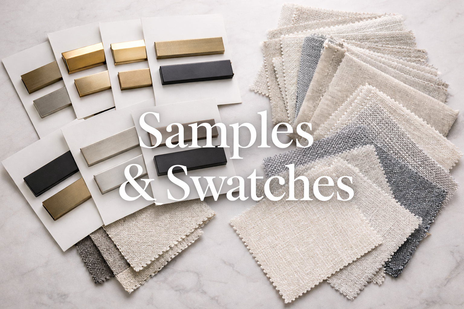 Drapery hardware finish samples and fabric swatches displayed for selecting window treatment materials and finishes.