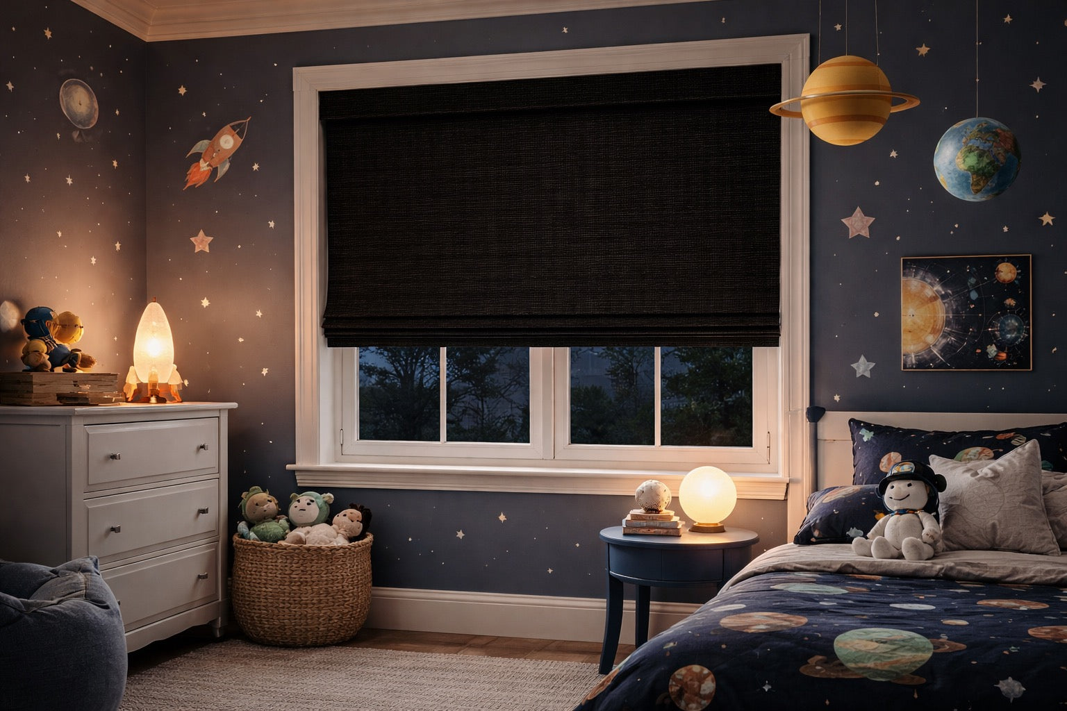 Blackout Roman shade in kids space themed bedroom at night, dark woven fabric window treatment blocking light for sleep