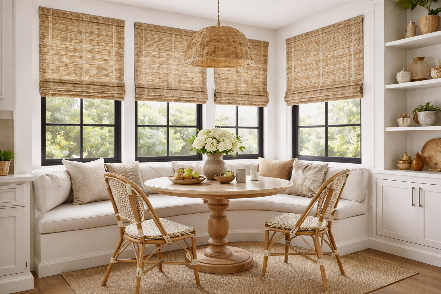 Bright, high-end breakfast nook with custom natural woven Roman shades in warm neutral tones, styled over black-framed windows with a curved banquette, light wood table, and soft organic textures.