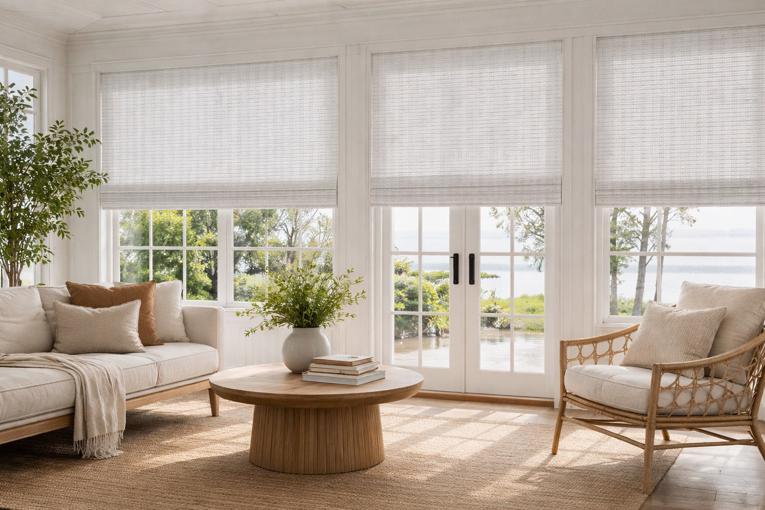 Custom light filtering Roman shades in luxury sunroom, soft white textured fabric window treatments covering windows and French doors