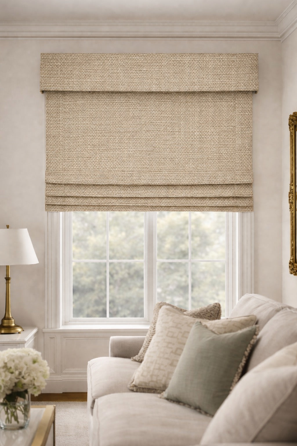 Custom natural woven Roman shade with 6 inch valance in luxury living room, flat fold design, textured bamboo jute fabric window treatment