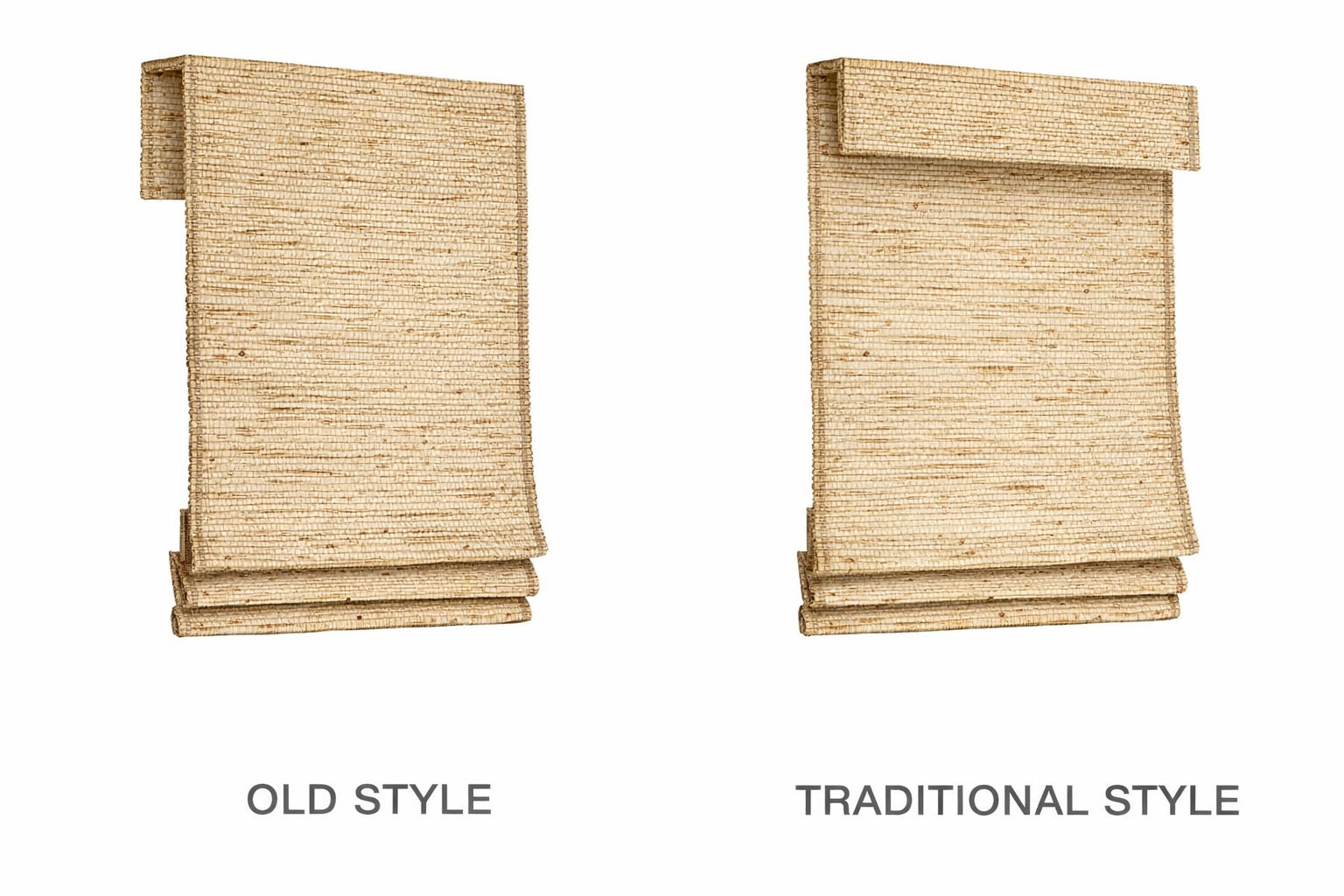 Custom natural woven wood Roman shades in modern living room with warm textured finish