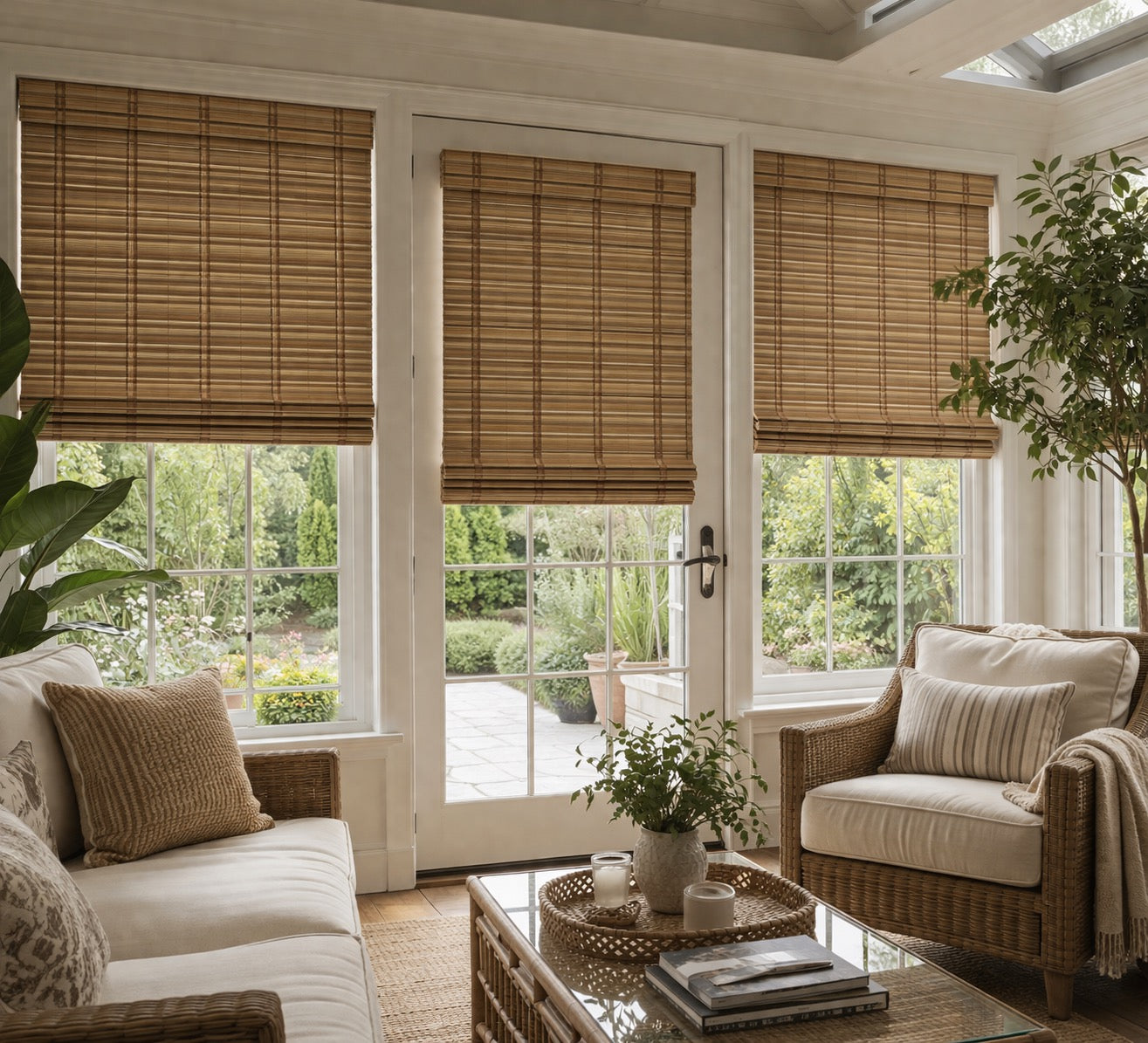 Custom woven wood Roman shades flat fold no valance in luxury sunroom, bamboo texture window treatments covering windows and glass door