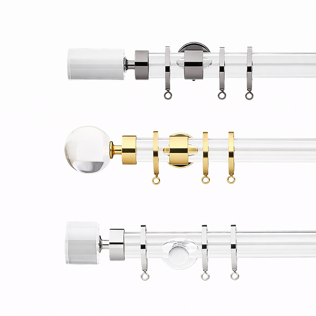 Forest Glasgow Acrylic Drapery Pole 1 3/8 Inch Clear Curtain Rod with Decorative Rings and Finials