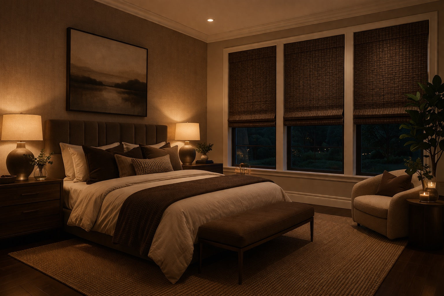 High-end bedroom at night featuring custom dark woven Roman shades, styled with warm ambient lighting, layered neutral bedding, rich wood furnishings, and a cozy, moody atmosphere overlooking a city view.