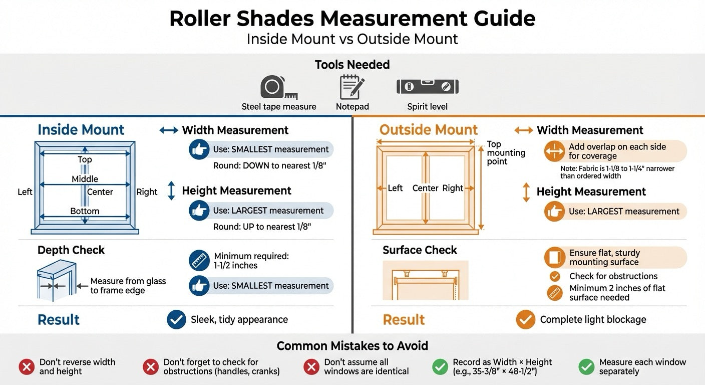 Roller Shade Measurement Guide for Roller Shades. Inside and outside mount measurements.