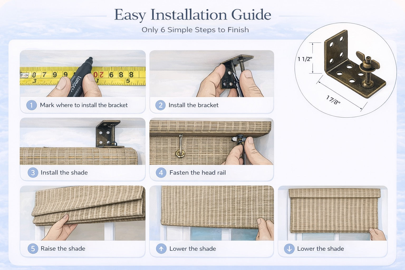 Step-by-step woven wood Roman shade installation guide showing bracket placement, mounting, and shade operation in six illustrated steps.