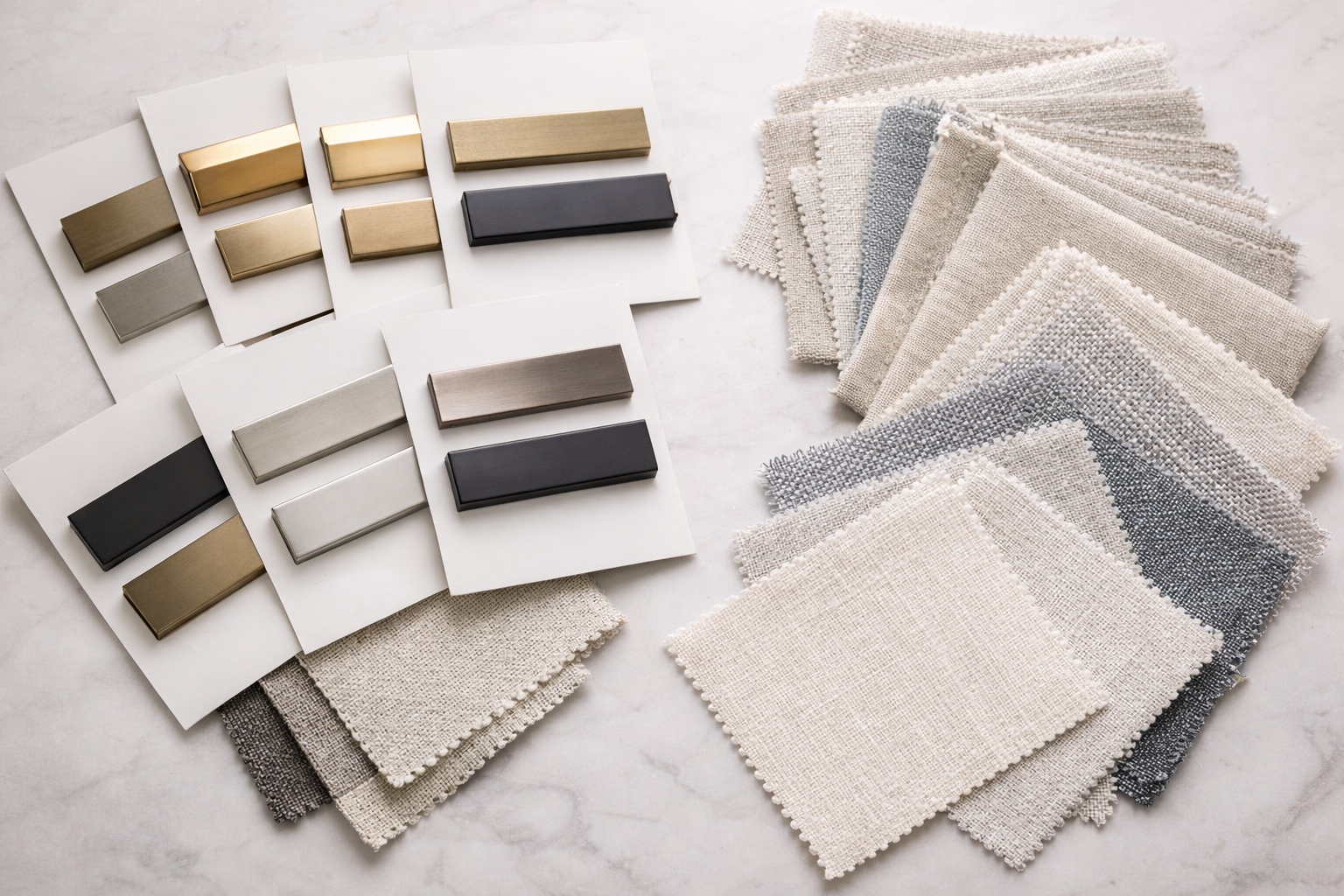Drapery hardware finish samples and fabric swatches displayed for selecting window treatment materials and finishes.